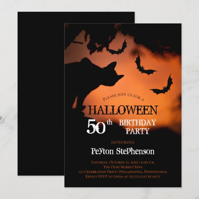 Spooky Cat | Fladdermöss Halloween 50:e Födelsedag Inbjudningar (Fram/baksida)