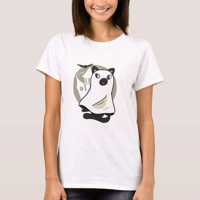 Spooky Cat Ghost T Shirt (Framsida)