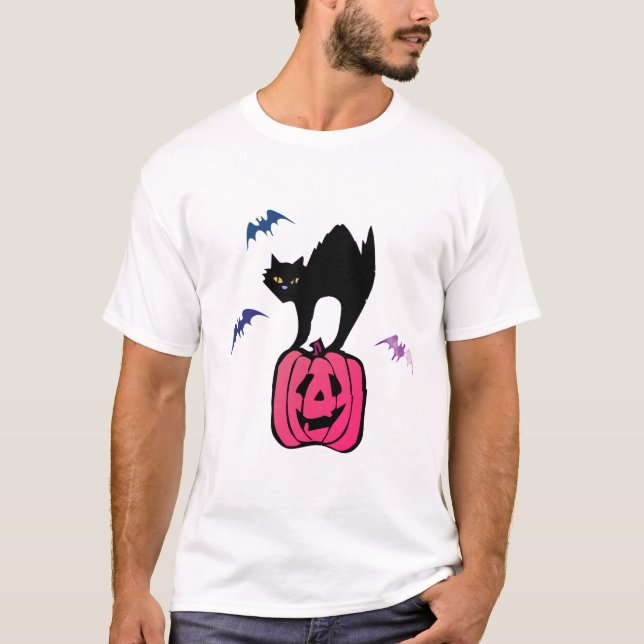 Spooky Cat Halloween Pumpkin Pop Art T Shirt (Framsida)