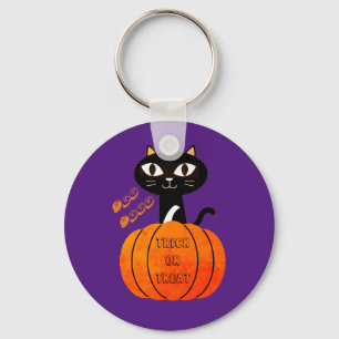 Spooky Cat Lila Black Orange Pumpkin Halloween Nyckelring