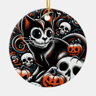 Spooky Cat med Döskallar Julgransprydnad Keramik