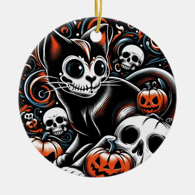 Spooky Cat med Döskallar Julgransprydnad Keramik (Framsidan)