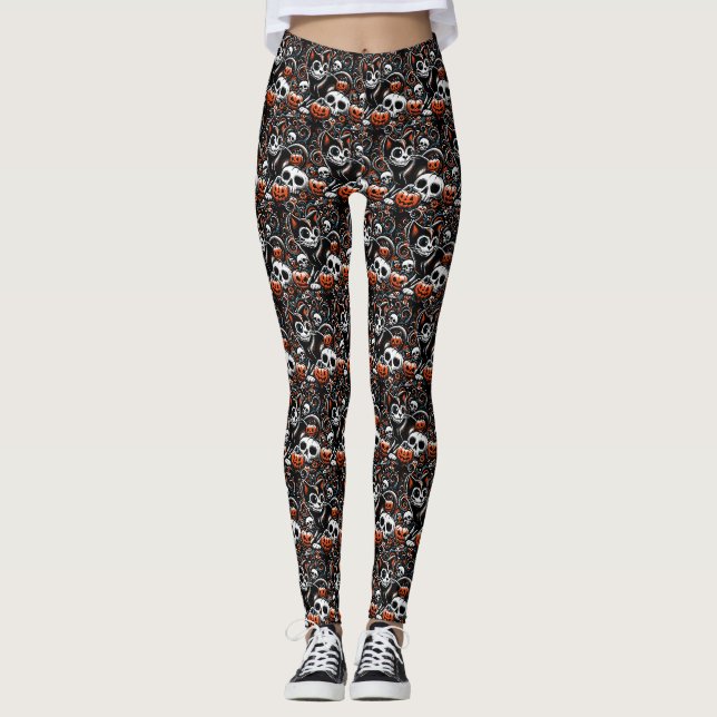 Spooky Cat med Döskallar Leggings (Framsida)