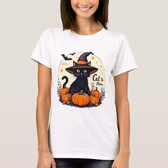 Spooky Cat Mom Halloween T-Shirt – Cute Black Cat  (Framsida)