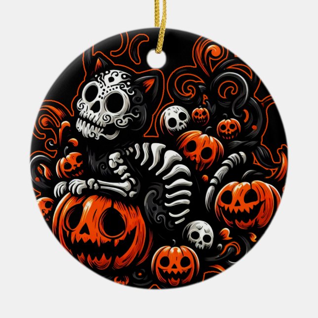 Spooky Cat och Pumpkins Julgransprydnad Keramik (Framsidan)
