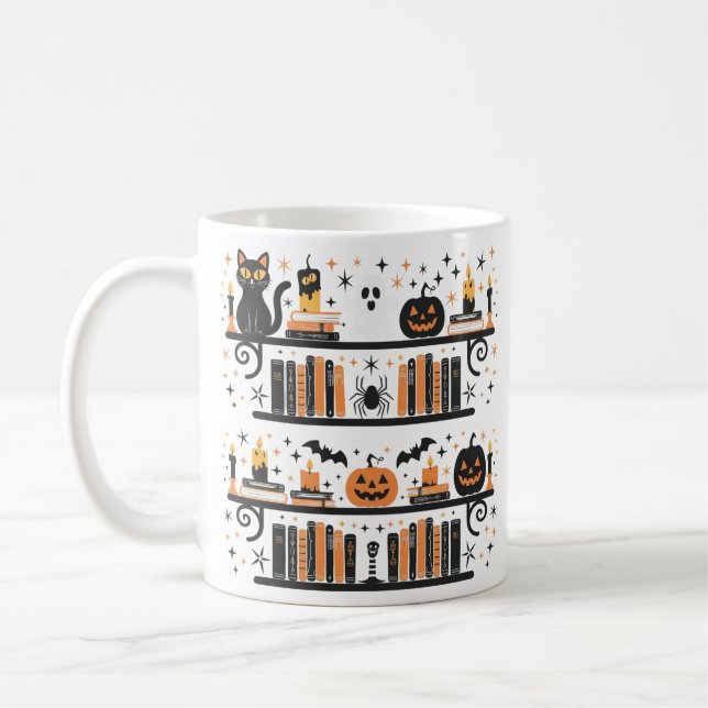 Spooky Cat Pumpkin Fladdermus Spider Halloween Tee Kaffemugg (Vänster)