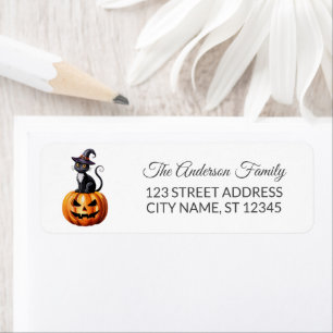 Spooky cat with witch's hat Halloween Pumpkins Returadress Etikett