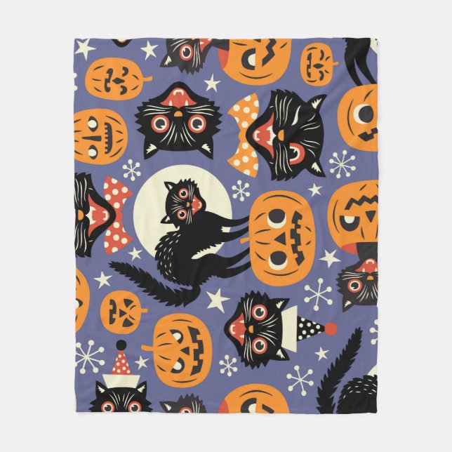 Spooky Cats Pumpkins Lila Mönster Fleecefilt (Framsidan)