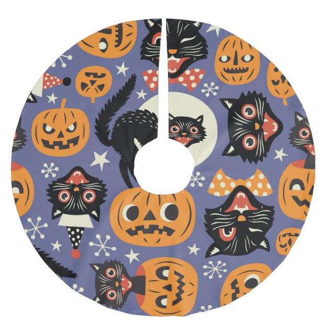 Spooky Cats Pumpkins Lila Mönster Julgransmatta Borstad Polyester (Framsidan)
