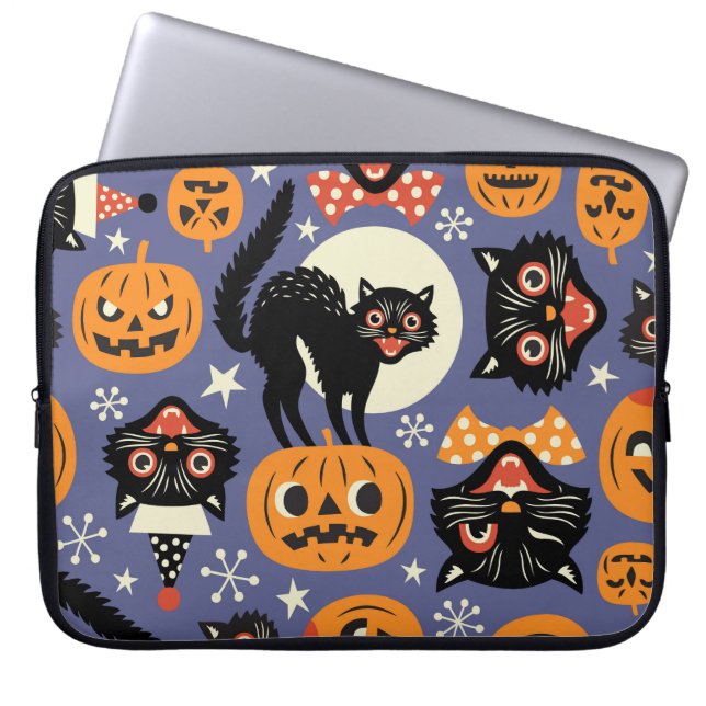 Spooky Cats Pumpkins Lila Mönster Laptop Fodral (Framsidan)