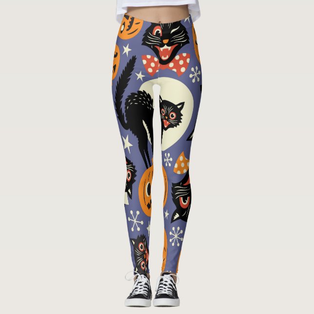 Spooky Cats Pumpkins Lila Mönster Leggings (Framsida)