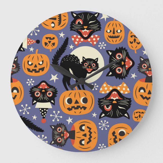 Spooky Cats Pumpkins Lila Mönster Stor Klocka (Framsida)