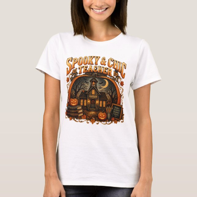 Spooky & Chic Teacher Retro T-Shirt with Fall Scho (Framsida)