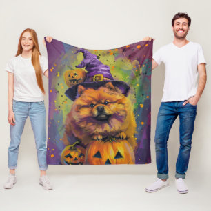 Spooky Chow Chow Hund Halloween Witch och Pumpkin Fleecefilt
