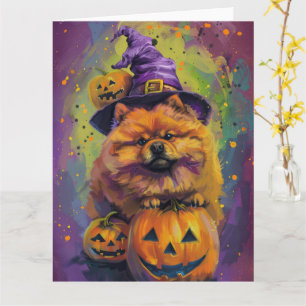 Spooky Chow Chow Hund Halloween Witch och Pumpkin Kort