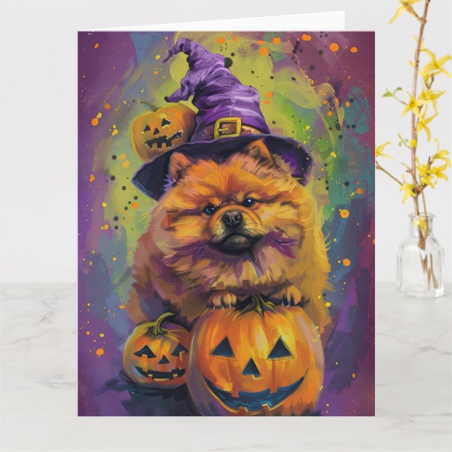 Spooky Chow Chow Hund Halloween Witch och Pumpkin Kort (Gul blomma)
