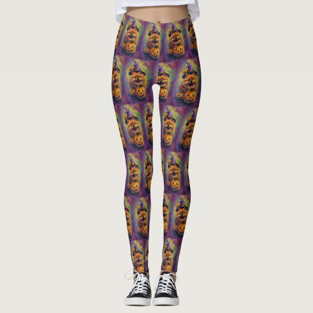 Spooky Chow Chow Hund Halloween Witch och Pumpkin Leggings (Framsida)