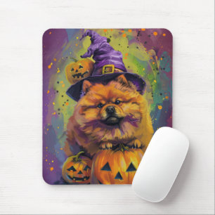 Spooky Chow Chow Hund Halloween Witch och Pumpkin Musmatta
