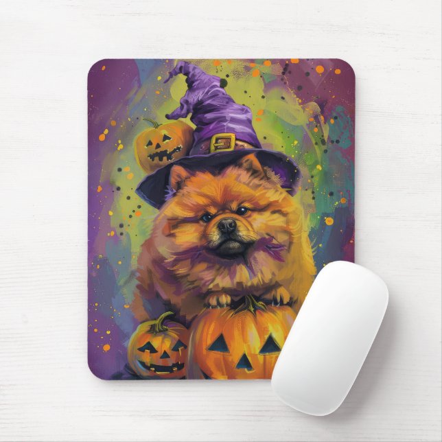 Spooky Chow Chow Hund Halloween Witch och Pumpkin Musmatta (Med mus)