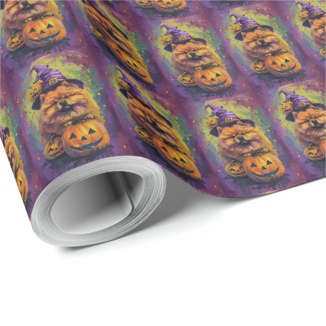 Spooky Chow Chow Hund Halloween Witch och Pumpkin Presentpapper (Rulle Hörn)