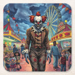 Spooky Clown i Carnival Tecknad Stil Underlägg Papper Kvadrat<br><div class="desc">En läskig,  läskig clown som går genom en tecknad bok stil-karnival packad med överraskade åskådare! Coola tecknad bok stil ai-konst för dem som har en mörk känsla för humor.</div>
