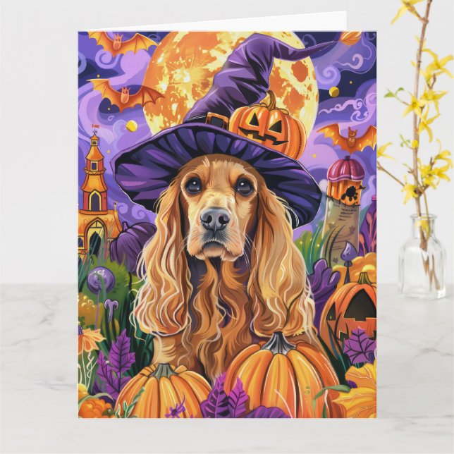 Spooky Cocker Spain Hund Halloween Witch Pumpkin Kort (Gul blomma)