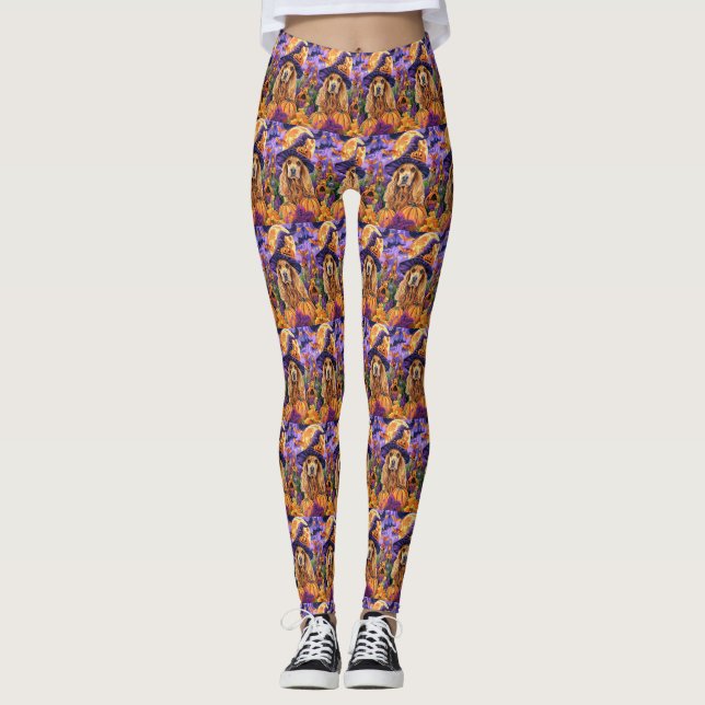 Spooky Cocker Spain Hund Halloween Witch Pumpkin Leggings (Framsida)