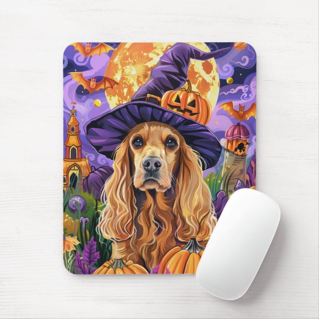Spooky Cocker Spain Hund Halloween Witch Pumpkin Musmatta (Med mus)