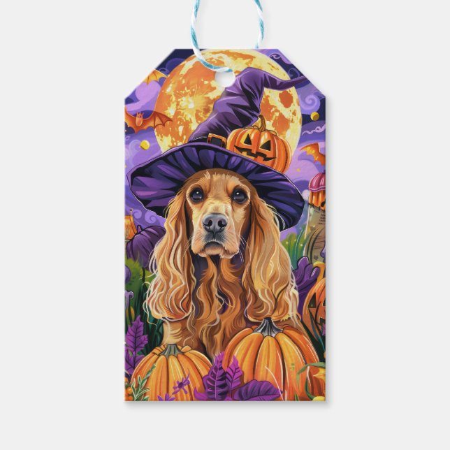 Spooky Cocker Spain Hund Halloween Witch Pumpkin Presentetikett (Framsidan)