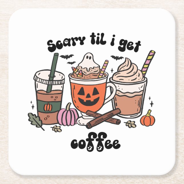 Spooky Coffee Halloween - Scary 'Til I Get Coffee Underlägg Papper Kvadrat (Framsidan)