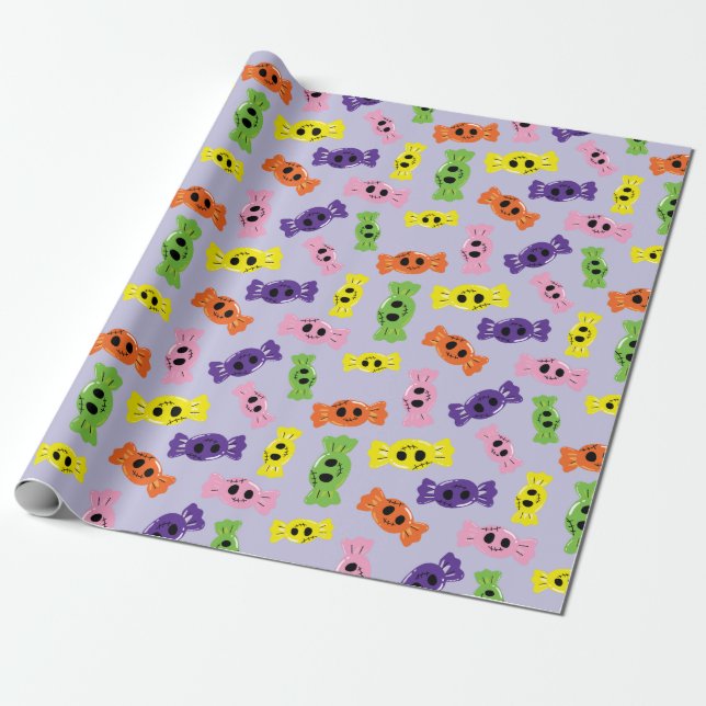 Spooky Colorful Candies Lila Seamless Halloween Presentpapper (Utrullad)