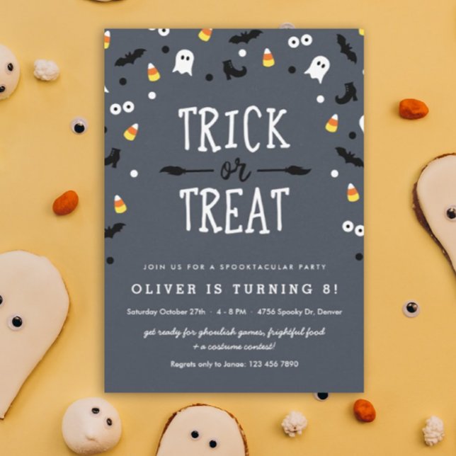 Spooky Confetti Halloween Birthday-inbjudningar Inbjudningar (Trick or Treat Halloween theme birthday party invitation for your kiddo!)