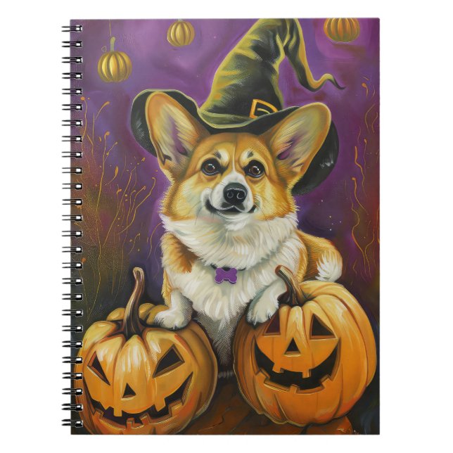 Spooky Corgi Hund Halloween Witch Pumpkin Anteckningsbok (Framsidan)