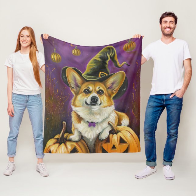 Spooky Corgi Hund Halloween Witch Pumpkin Fleecefilt (På plats)