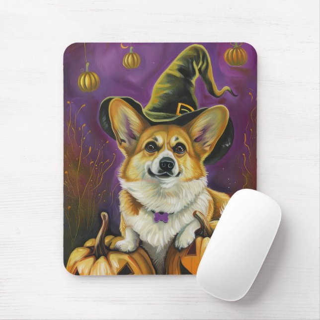 Spooky Corgi Hund Halloween Witch Pumpkin Musmatta (Med mus)