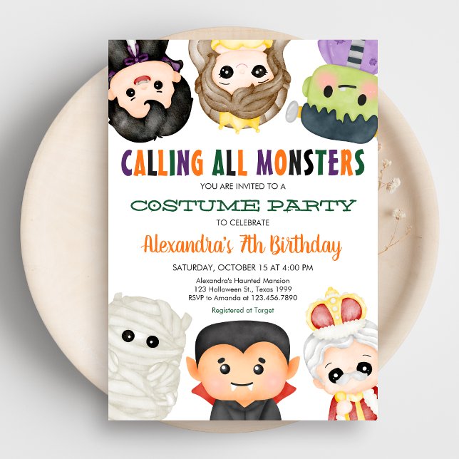 Spooky Costume Halloween Birthday Inbjudningar (Calling All Monsters Costume Halloween Birthday Party Invitation)