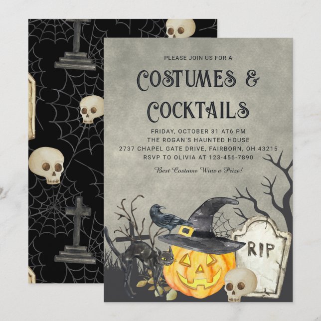 Spooky Costumes och Cocktails Halloween fest Inbjudningar (Fram/baksida)