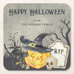 Spooky Costumes och Cocktails Halloween Underlägg Papper Kvadrat