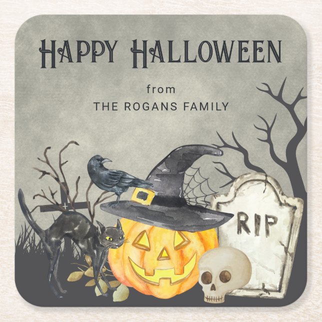 Spooky Costumes och Cocktails Halloween Underlägg Papper Kvadrat (Framsidan)