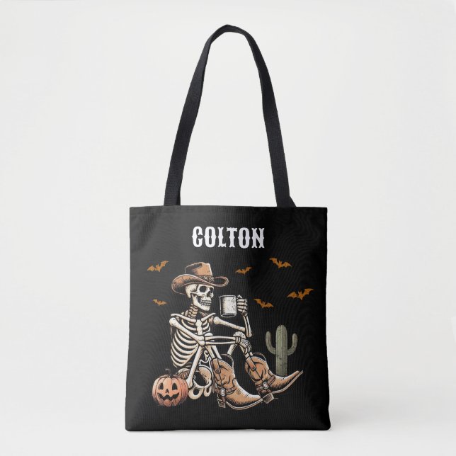 Spooky Cowboy Skeleton Bus eller godis Bag Tygkasse (Framsida)