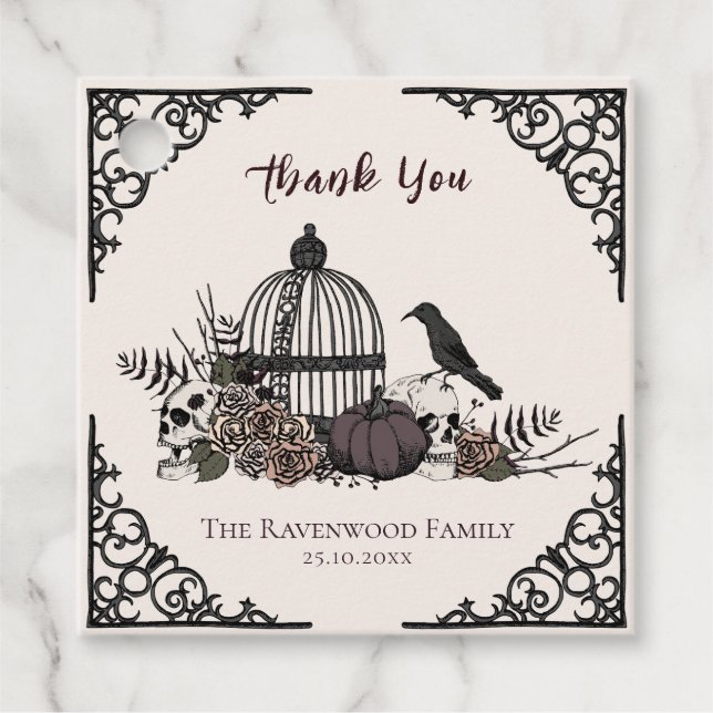 Spooky Cream Gothic Skull och Ro Tack Gåvor Etiketter (Framsida)