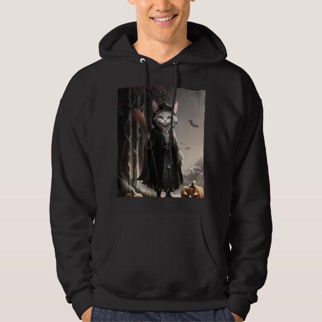 Spooky Creepy cat mage in Misty Forest Halloween Hoodie (Framsida)