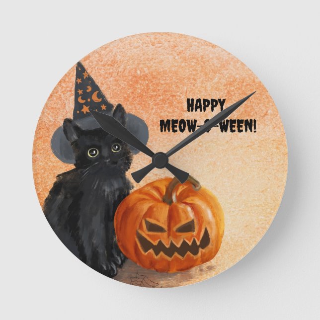 Spooky Cute Anpassade Halloween Cat Wall Clock Rund Klocka (Framsida)