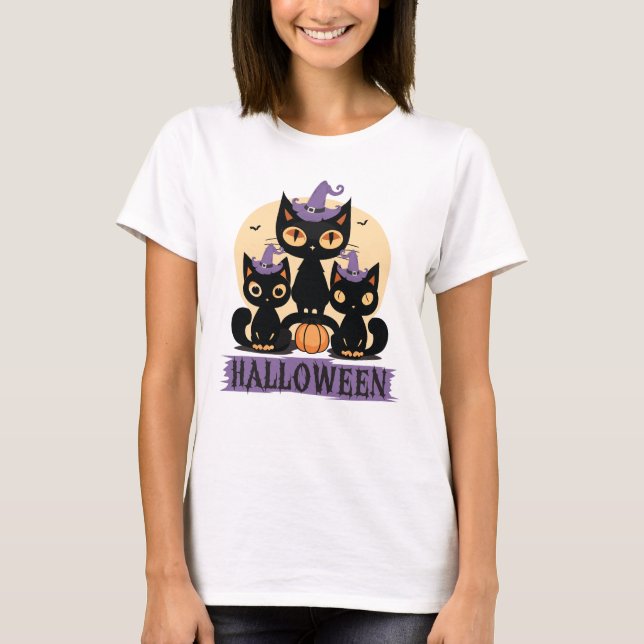Spooky Cute Black Cat Halloween Autumn Pumpkin  T Shirt (Framsida)