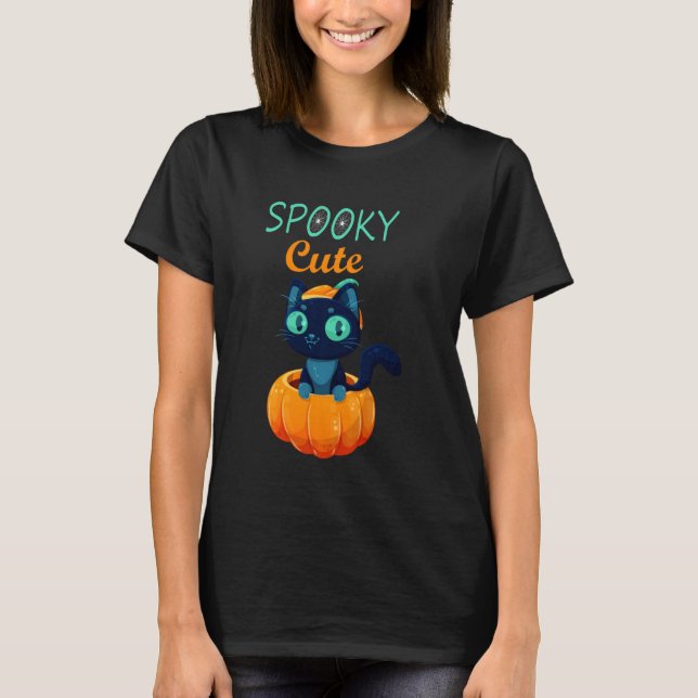 Spooky Cute Black Cat Halloween Pumpkin Kattunge T Shirt (Framsida)