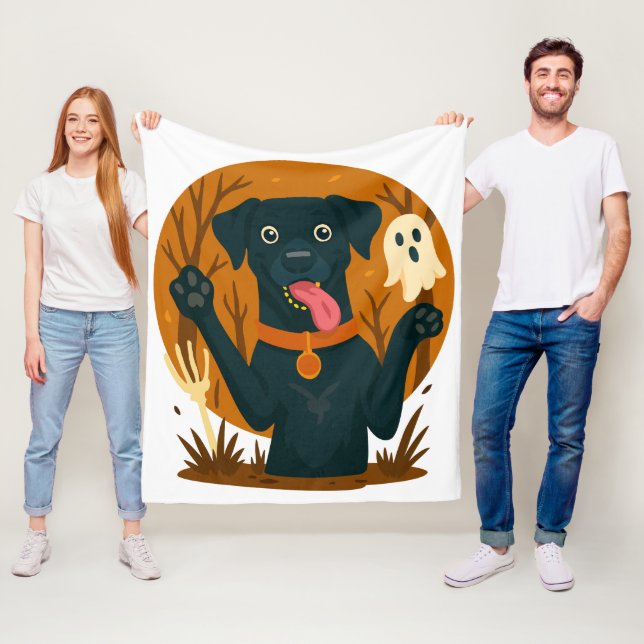 Spooky Cute Black Dog with Ghost  Fleecefilt (På plats)