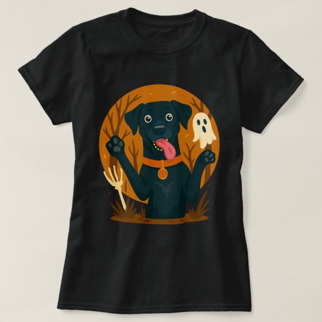 Spooky Cute Black Dog with Ghost  T Shirt (Design framsida)