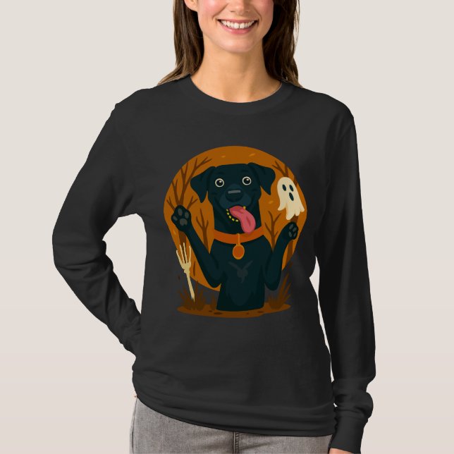 Spooky Cute Black Dog with Ghost  T Shirt (Framsida)