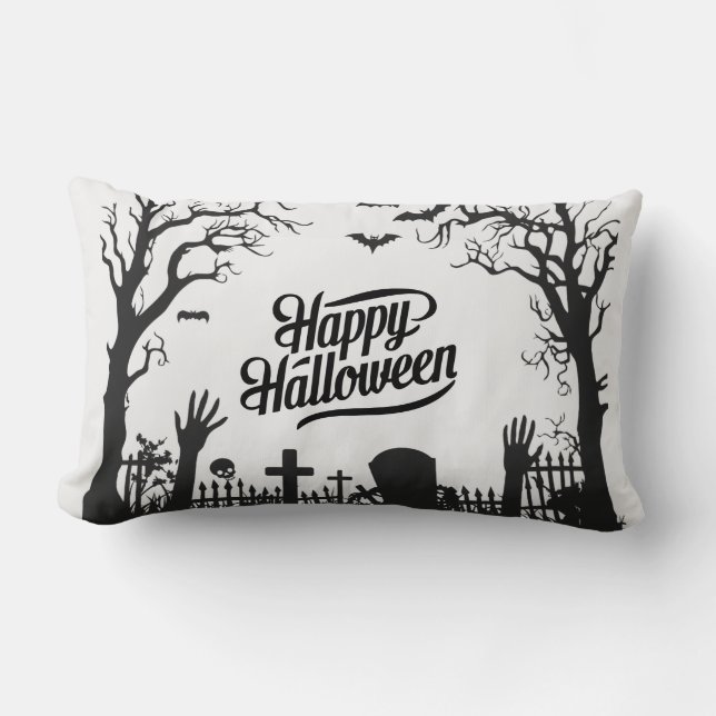 Spooky Cute Black och White Halloween Lumbarkudde (Framsida)