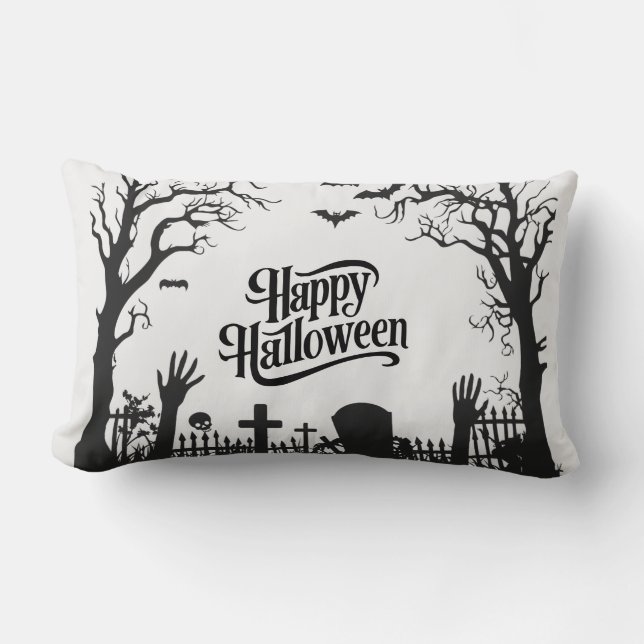 Spooky Cute Black och White Halloween Lumbarkudde (Framsida)